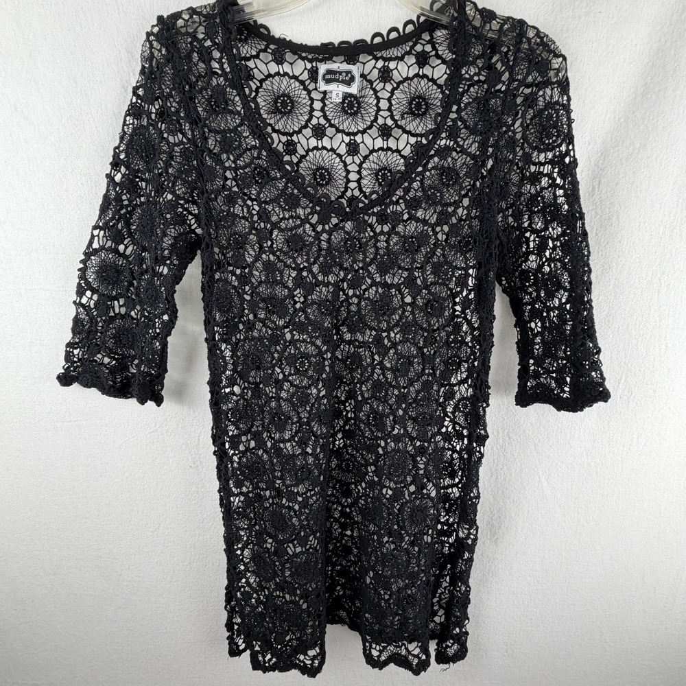 Mud Pie Sheer Crochet Lace Mini Dress Sz S Long Sleeve Cotton Whimsigoth